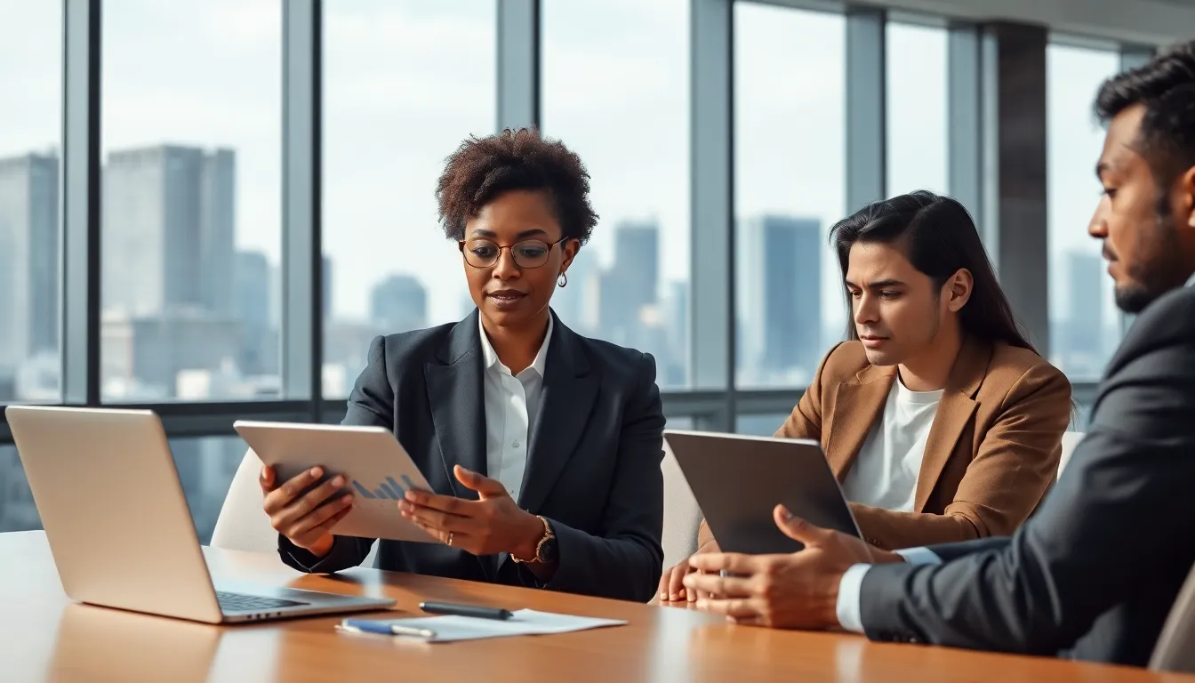 diverse professionals discussing investment strategies at a modern workspace.