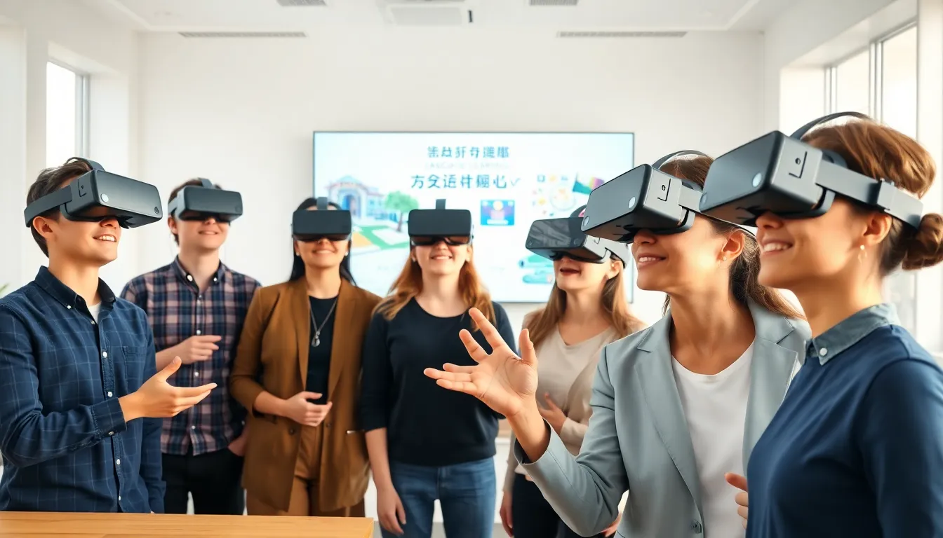 students engaged in VR language learning in a modern classroom.