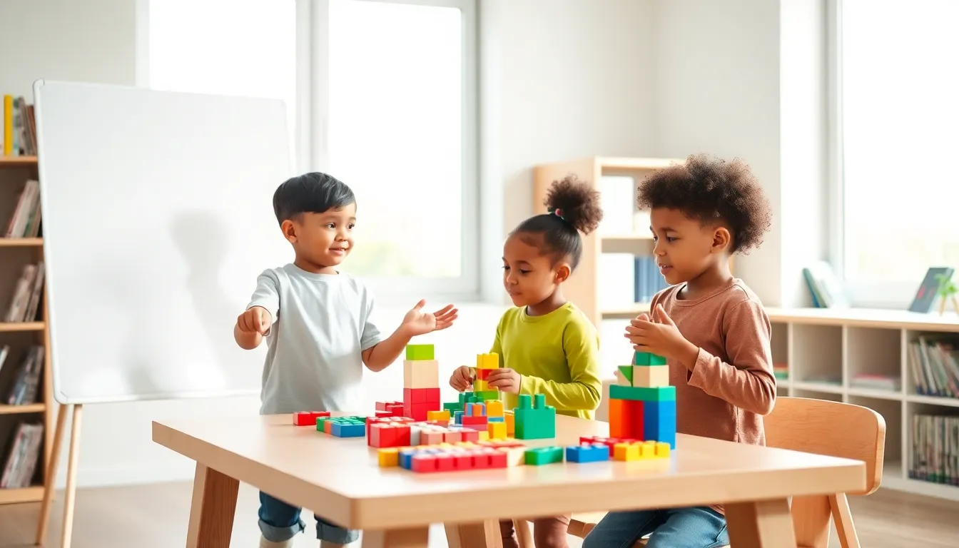 diverse children engaging in a language learning activity in a modern classroom.