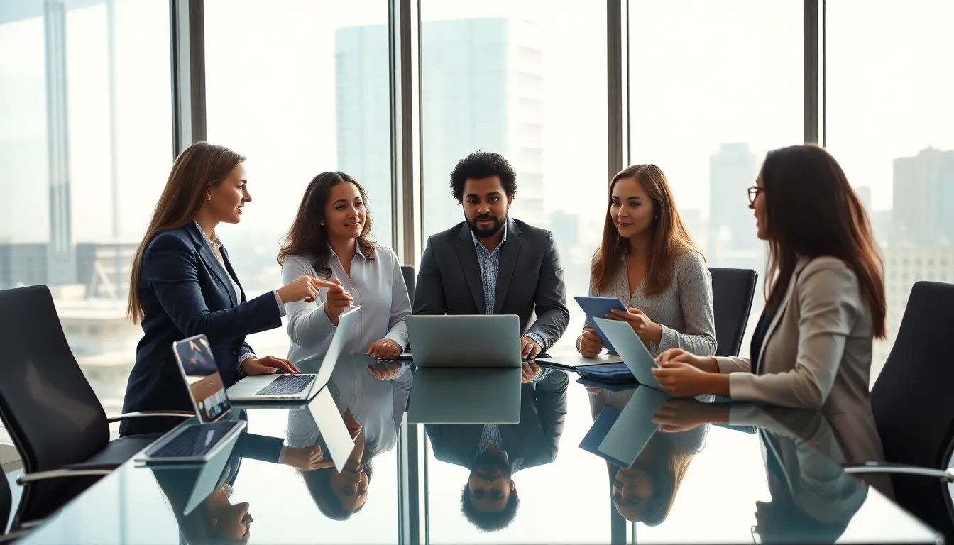 diverse professionals discussing numeric codes in a modern office.